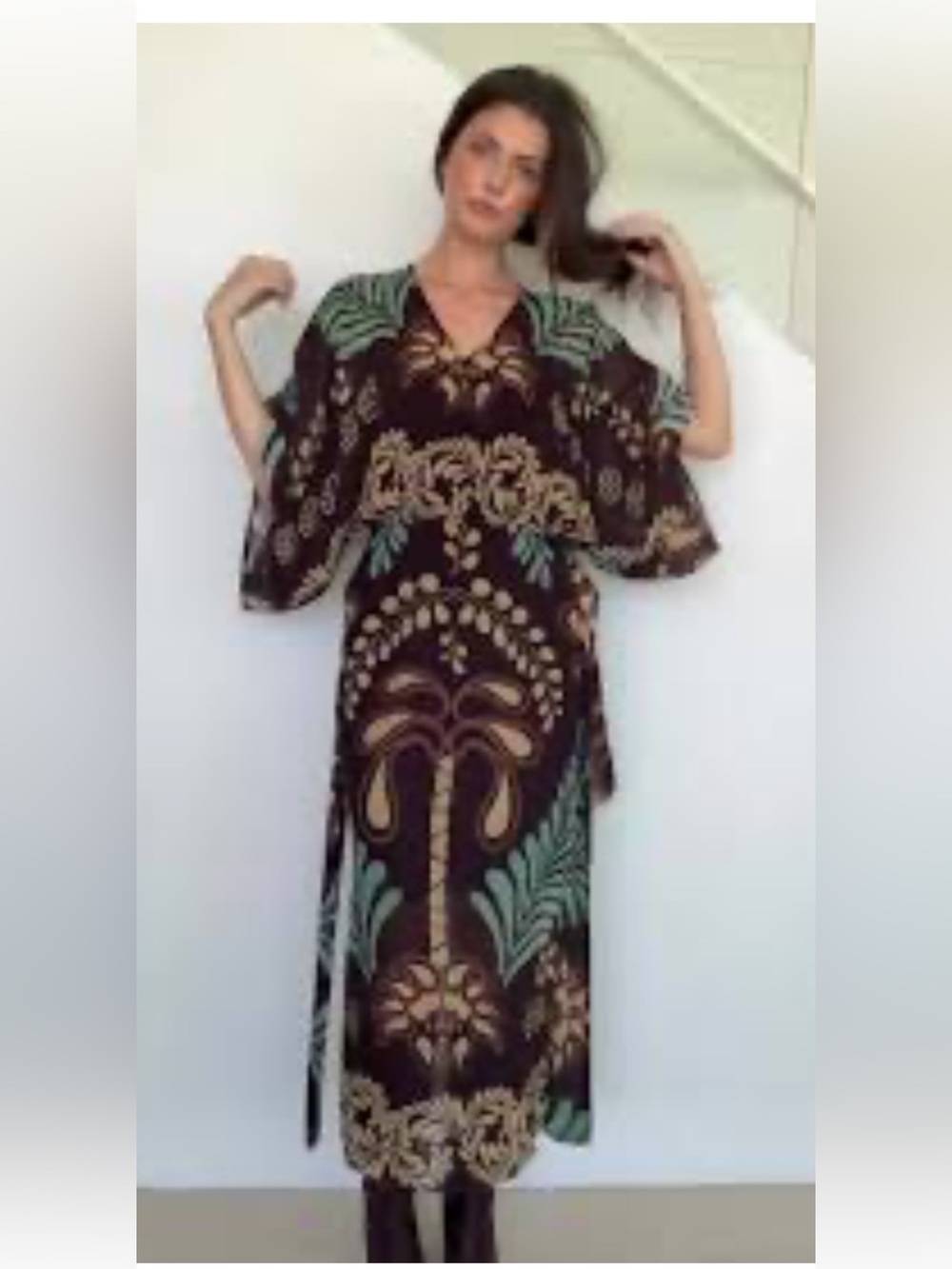 Women’s Semi Sheer Floral V-Neck Beach Coverup Dress - Taupe & Dusty Blue Belt - Picture 13 of 13